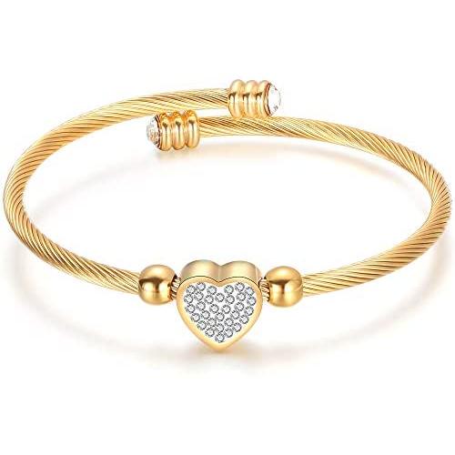 Jude Jewelers Stainless Steel Cable Wire Heart Charm Bangle Bracelet