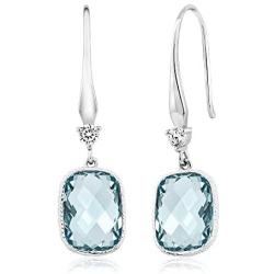 Gem Stone King 925 Sterling Silver Simulated Aquamarine Dangle Earrings For Women (4.60 Cttw, 13X9MM Cushion Checkerboard Cut)