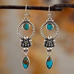 Bamos Turquoise Earrings, 925 Silver Needle Dangle Earrings Simulated Turquoise Jewelry for Women Girls, Blue Earrings for Daily Wear, 2.1'' Long