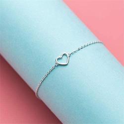 Minimalist Heart Sterling Silver Bracelet for Women Girls Little Hollow Love Charm Adjustable Hand Chain Link Bracelet Anklet Gifts for Couple Lover Best Friend Mom Daughter