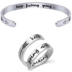 RENYILIN Inspirational Cuff Bracelet and Double Stainless Steel Ring, The Bracelet and Ring Size can be Adjusted for Girls and Boys