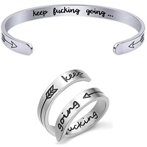 RENYILIN Inspirational Cuff Bracelet and Double Stainless Steel Ring, The Bracelet and Ring Size can be Adjusted for Girls and Boys