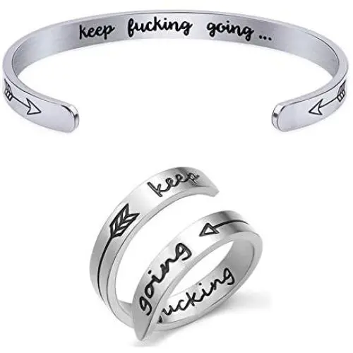 RENYILIN Inspirational Cuff Bracelet and Double Stainless Steel Ring, The Bracelet and Ring Size can be Adjusted for Girls and Boys