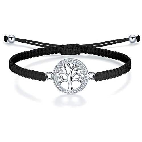 ZENI Tree of Life Bracelet for Women girl, Black Rope Bracelet 925 Silver Handmade Braided Adjustable Bracelet Love Friendship Christmas Jewelry Gift