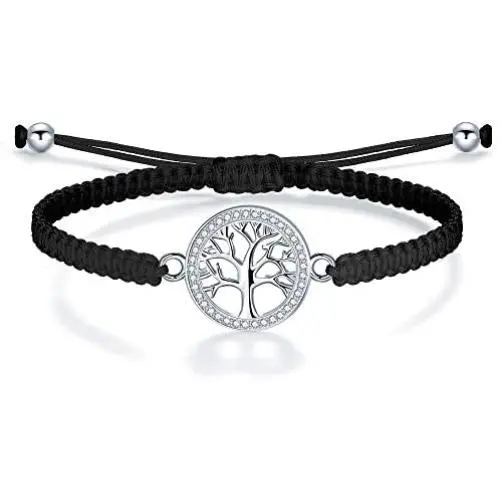 ZENI Tree of Life Bracelet for Women girl, Black Rope Bracelet 925 Silver Handmade Braided Adjustable Bracelet Love Friendship Christmas Jewelry Gift