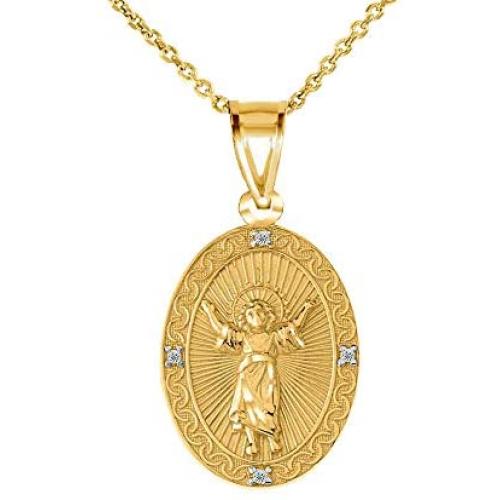 14k Gold Diamond Divino Niño Jesús (Divine Infant Jesus) Oval Medallion Pendant Necklace