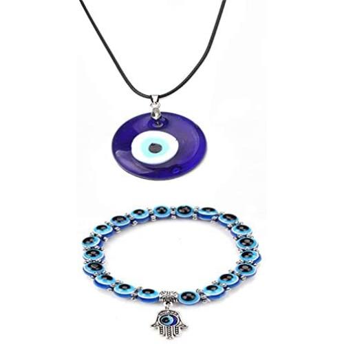Caiyao Lucky Turkish Blue Eye Bead Leather Cord Pendant Necklace Bracelet Jewelry Set Handmade Evil Eye Hamsa Hand of Fatima Amulet Bracelet for Men Women Boy Girl Good Luck Protection Accessory