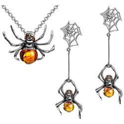 Ian and Valeri Co. Baltic Honey Amber Sterling Silver Spider Dangle Stud Earrings and Necklace Set Rolo Chain 18''