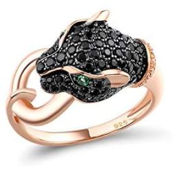 Santuzza Black Panther Spinel Rose Gold 14K Plating Rings for Women 925 Sterling Silver Leopard Head Ring