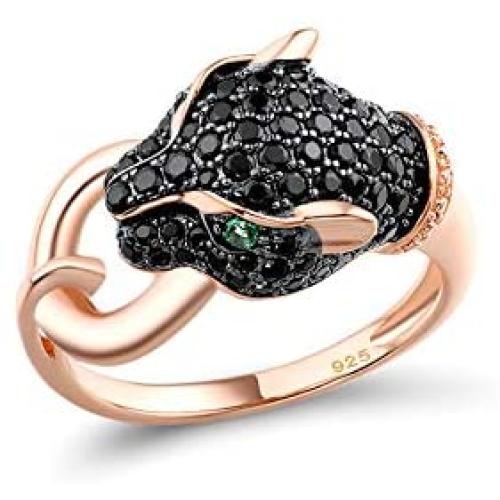 Santuzza Black Panther Spinel Rose Gold 14K Plating Rings for Women 925 Sterling Silver Leopard Head Ring