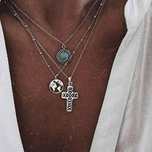Jovono Boho Layered Necklace Crystal Pendant Necklaces Chain for Women and Girls (Set-2)