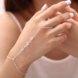 Chicque Boho Hand Chain Crystal Finger Ring Hand Bracelet Rhinestone Wedding Hand Jewelry for Women and Girls (Silver)
