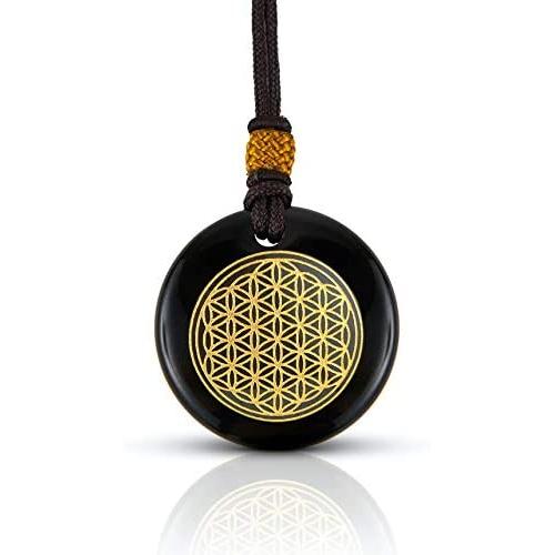 Black Obsidian Stone Necklace | Luxar | Spiritual Pendant | Flower of Life | Fabric Cord | 1.57 Inch Diameter Pendant and Presentation Box