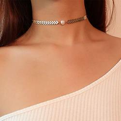 Ursumy Pearl Choker Necklace Arrow Fish Bone Necklace Chain Classic Chokers Necklaces Jewelry for Women and Girls (Silver)