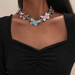 Ingemark Hip Hop Colorful Butterfly Choker Necklace Shiny Crystal Cuban Chain Link Necklace for Women Girls Fashion Jewelry