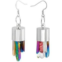 SUNYIK Rock Quartz Cluster Dangle Earrings,Titanium Coated Healing Crystal Drop Earring