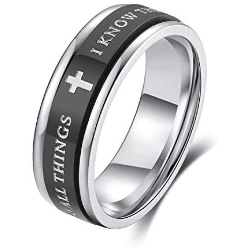 ALEXTINA 7MM Black Stainless Steel Bible Verse Isaiah 41:10 Joshua 1:9 Christian Ring Spinner Wedding Band Size 6 to 12