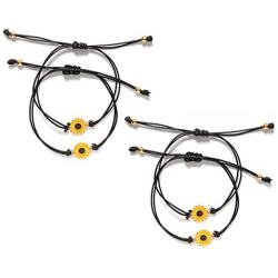 Nanafast 4 PCS Sunflower Charm Bracelet Adjustable Friendship Bracelet Handmade Distance Bracelets for Best Friend Inspirational Sunflower Gifts