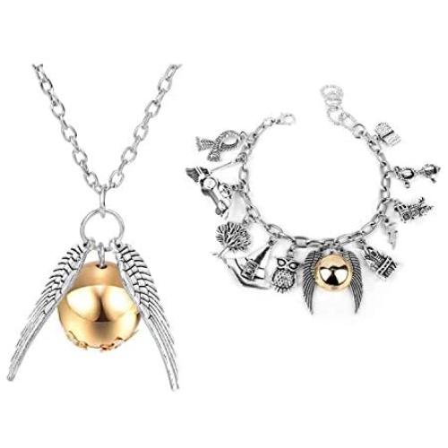 HUILAIKE Harry Potter Golden Snitch Charms Films Themed Friendship Bracelet and Necklace 2Pcs Jewelers Birthday Gifts for Teens Girls