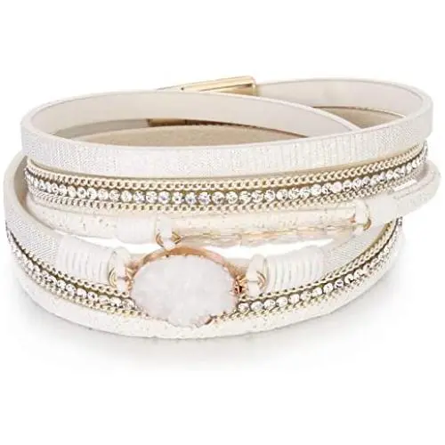 FANCY SHINY Leather Wrap Bracelet Boho Cuff Bracelets Crystal Bead Bracelet with Magnetic Clasp Jewelry Gifts for Women Teen Girls