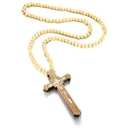 Mealguet Jewelry Wooden Large Big Wood Bead Religious Catholic Crucifix Rosary Cross Pendant Necklace for Men,First Communion Gift Inspirational Cross for Prayer