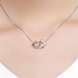 Infinity Love Heart Cat Necklace for Women Girls 925 Sterling Silver Two-Tone Hollow out Mother and Daughter Kitten Ear Pendant Choker Necklace Double Interlocking Circles Jewelry Cute Delicate