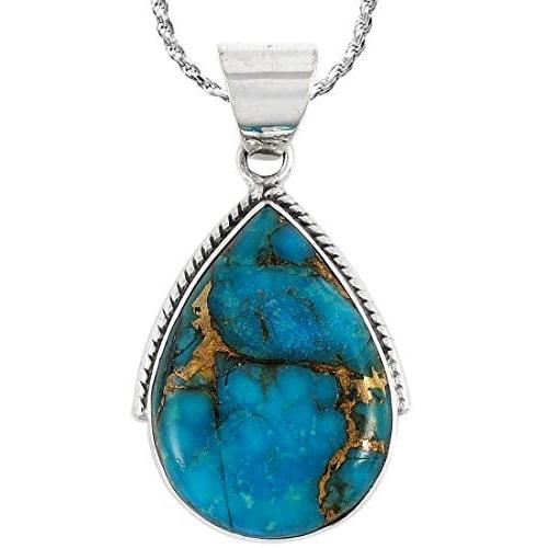 Turquoise Necklace Pendant 925 Sterling Silver Genuine Gemstones (with 20'' Rope Chain)