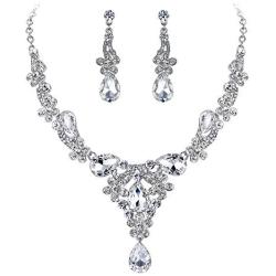 BriLove Wedding Jewelry Sets for Brides Rhinestone Flower Crystal Teardrop Y-Shaped Neckalce Dangle Earrings