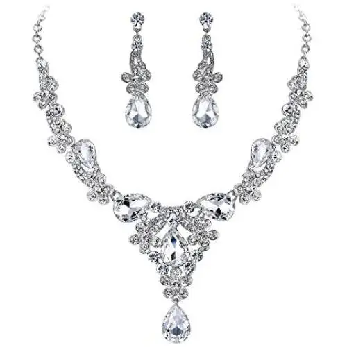 BriLove Wedding Jewelry Sets for Brides Rhinestone Flower Crystal Teardrop Y-Shaped Neckalce Dangle Earrings