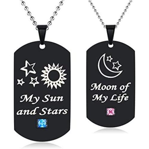 SunnyHouse Jewelry His & Hers Matching Set Couple Pendant Necklace My Sun and Stars Moon of My Life Dog Tag in a Gift Box