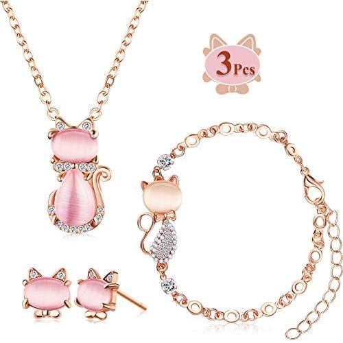 3 Pieces Jewelry Set Cat Necklace Pink Opal Pendant Rhinestone Jewelry Bracelet Set Earring Stud for Teen Girls and Women