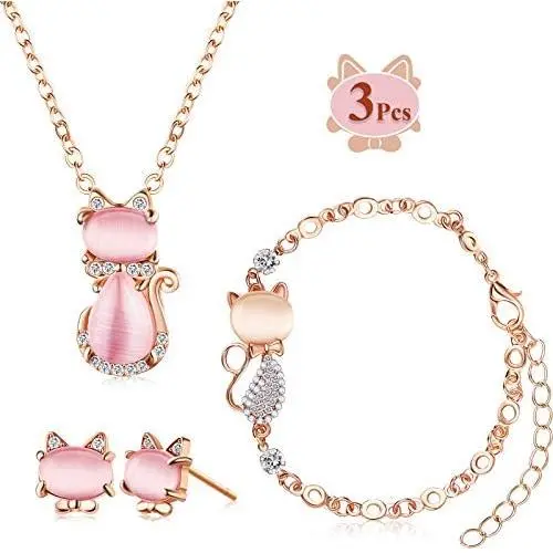 3 Pieces Jewelry Set Cat Necklace Pink Opal Pendant Rhinestone Jewelry Bracelet Set Earring Stud for Teen Girls and Women 3 Pieces Jewelry Set Cat Necklace Pink Opal Pendant Rhinestone Jewelry Bracelet Set Earring Stud for Teen Girls and Women