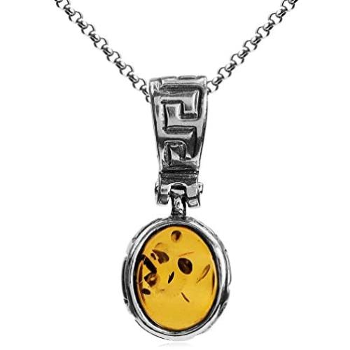 Amber Sterling Silver Oval Pendant Necklace Chain 18''