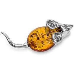Amber Sterling Silver Small Happy Mouse Pin Brooch