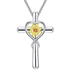 KUTOLAKI Sunflower Cross Necklace for Women, Silver Chain Necklace Flower Jewelry Necklaces, Christmas Gifts for Wife, Mother, Girls