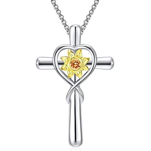 KUTOLAKI Sunflower Cross Necklace for Women, Silver Chain Necklace Flower Jewelry Necklaces, Christmas Gifts for Wife, Mother, Girls