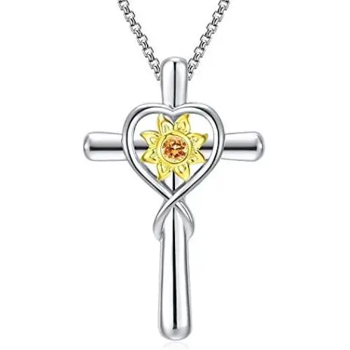 KUTOLAKI Sunflower Cross Necklace for Women, Silver Chain Necklace Flower Jewelry Necklaces, Christmas Gifts for Wife, Mother, Girls KUTOLAKI Sunflower Cross Necklace for Women, Silver Chain Necklace Flower Jewelry Necklaces, Christmas Gifts for Wife, Mother, Girls