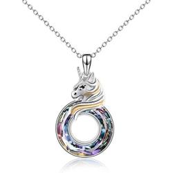 AOBOCO Unicorn Gifts, Sterling Silver Unicorn Pendant Necklace with Color-changed Circle Crystal, Christmas Jewelry Gift for Women Teen Girls