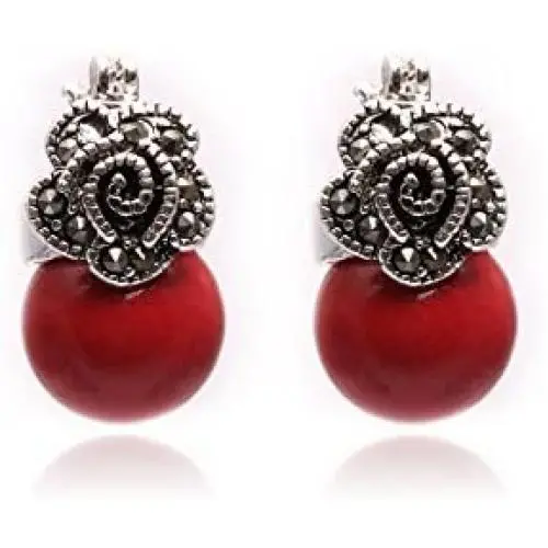GEM-Inside 12mm Red Coral Earrings Round Ball Gemstone Beads Cute Tibetan Silver Marcasite Leverback Jewelry Accessory for Woman GEM-Inside 12mm Red Coral Earrings Round Ball Gemstone Beads Cute Tibetan Silver Marcasite Leverback Jewelry Accessory for Woman