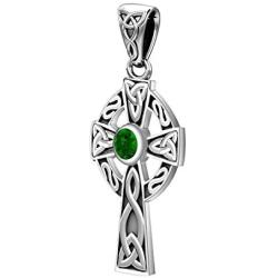 US Jewels Small 925 Sterling Silver Simulated Emerald May Birthstone Celtic Knot Cross Pendant, 23mm