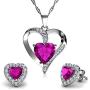 DEPHINI - Heart Necklace & Heart Earrings Set - 925 Sterling Silver - Pink Crystal Studs & Pendant Birthstone- Fine Jewellery Set for Women - 18'' Rhodium Plated Silver Chain - Cubic Zirconia