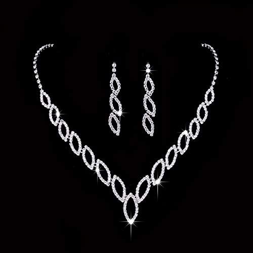 Unicra Bride Silver Bridal Tassel Necklace Earrings Set Crystal Wedding Jewelry Set Pearl Choker Necklace for Women and Girls (3 piece set - 2 earrings and 1 necklace)(NK072-1)