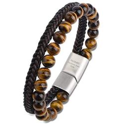 HASKARE Mens Bead Leather Bracelet, Tiger Eye Black Obsidian Braided Genuine Leather Beads Bracelet with 316L Stainless Steel Magnetic Closure for Men