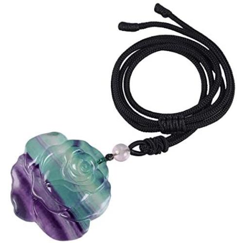 Nupuyai Rainbow Fluorite Crystal Pendant Necklace for Women Men, Hand Carved Healing Stone Jewelry Adjustable Braided Cord 18'' - 25''
