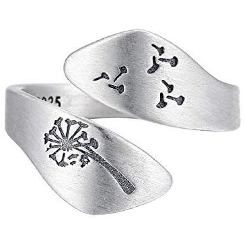 LOVECOM 925 Sterling Silver Dandelion Open Rings for Women Men Wedding Bands Vintage Love Nature Plants Wide Hugging Wrape Rings Girls Silver Jewelry Gifts