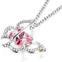 Sllaiss Pink Crystal Butterfly Pendant Necklace for Women, with Small Aurora Borealis Crystals Made from Swarovski