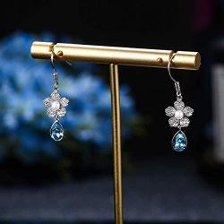 Sllaiss 925 Sterling Silver Blue Teardrop Earrings Austria Crystals Flower Dangle earrings Pearl Drop Earrings for Women
