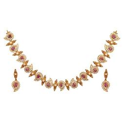 Tarinika Niranjana Antique Gold-Plated Indian Jewelry Set with Necklace and Earrings - White Red Green