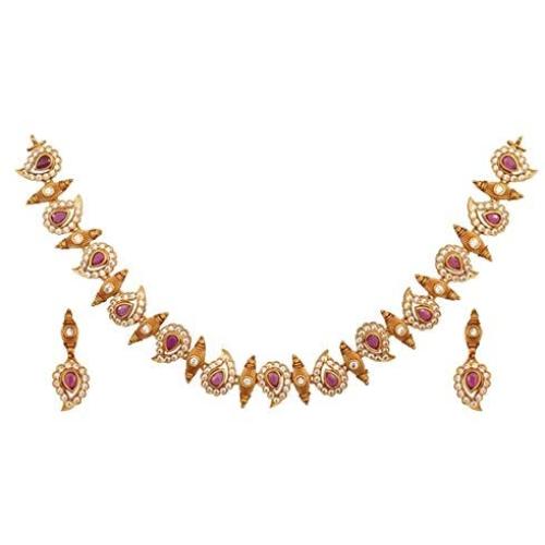 Tarinika Niranjana Antique Gold-Plated Indian Jewelry Set with Necklace and Earrings - White Red Green