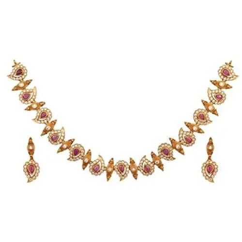 Tarinika Niranjana Antique Gold-Plated Indian Jewelry Set with Necklace and Earrings - White Red Green Tarinika Niranjana Antique Gold-Plated Indian Jewelry Set with Necklace and Earrings - White Red Green